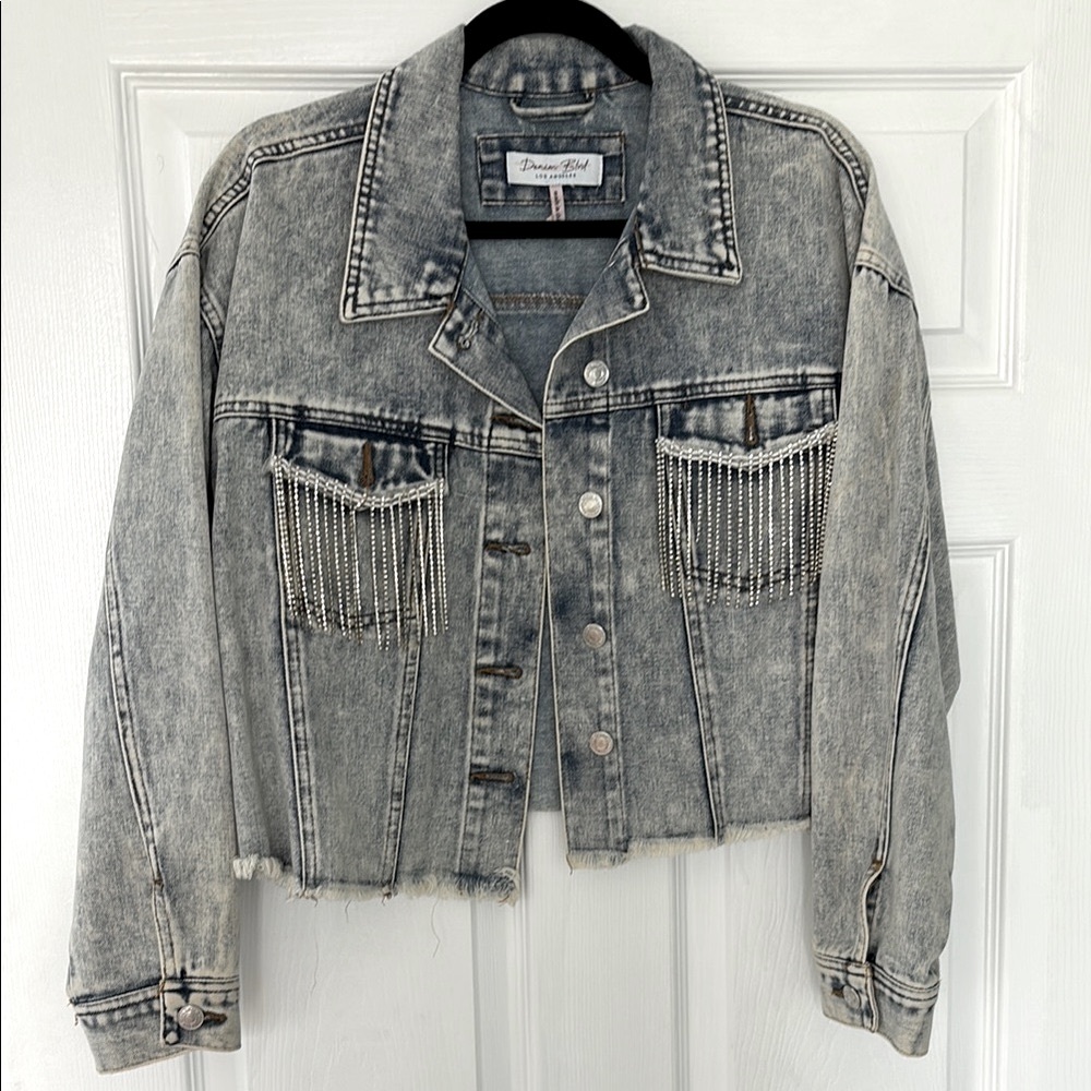 Gray Distressed Cropped Jean Jacket With Rhinestones size M